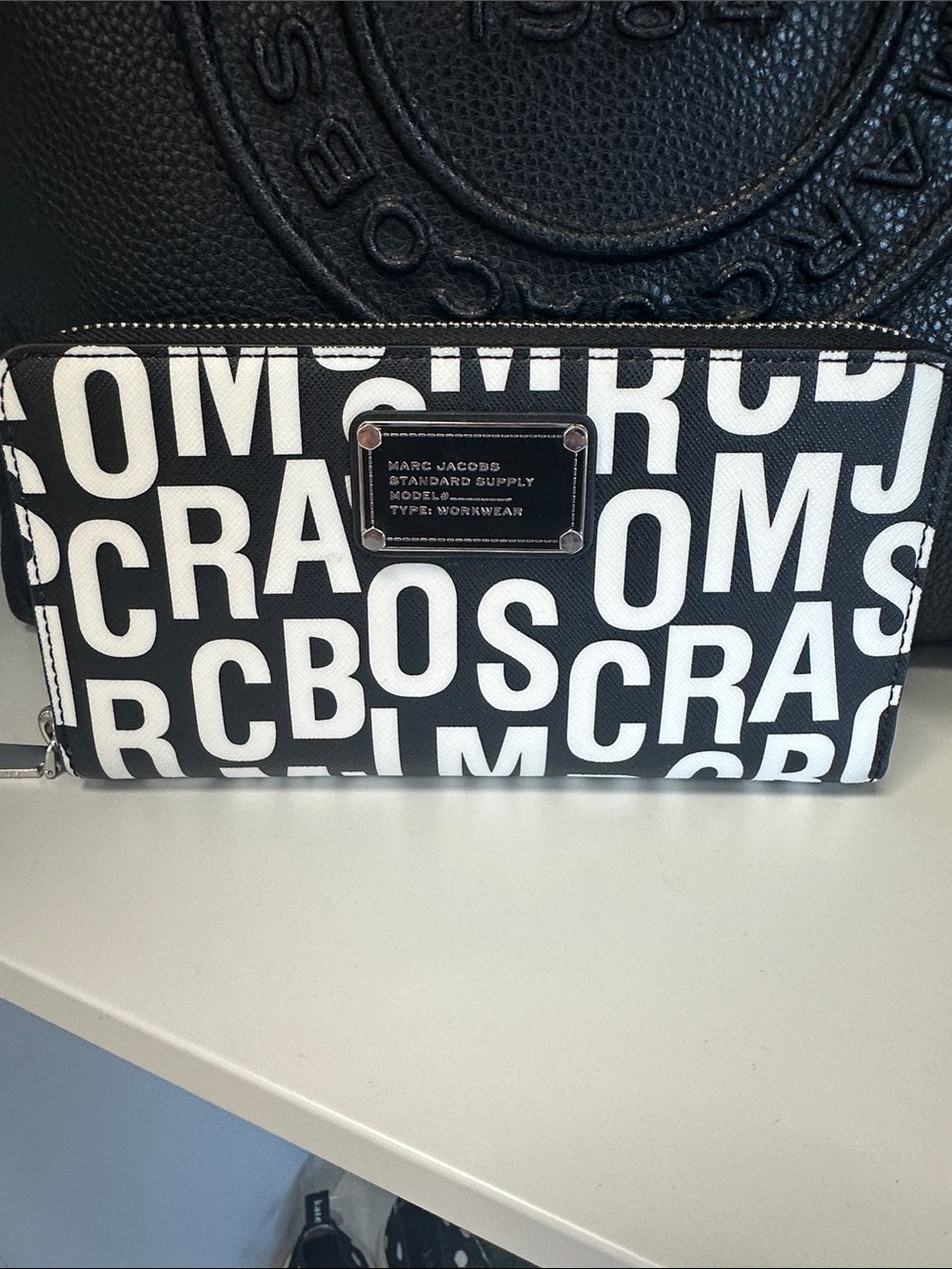 Marc Jacobs Black and White Logo Zip Wallet with Plaque
